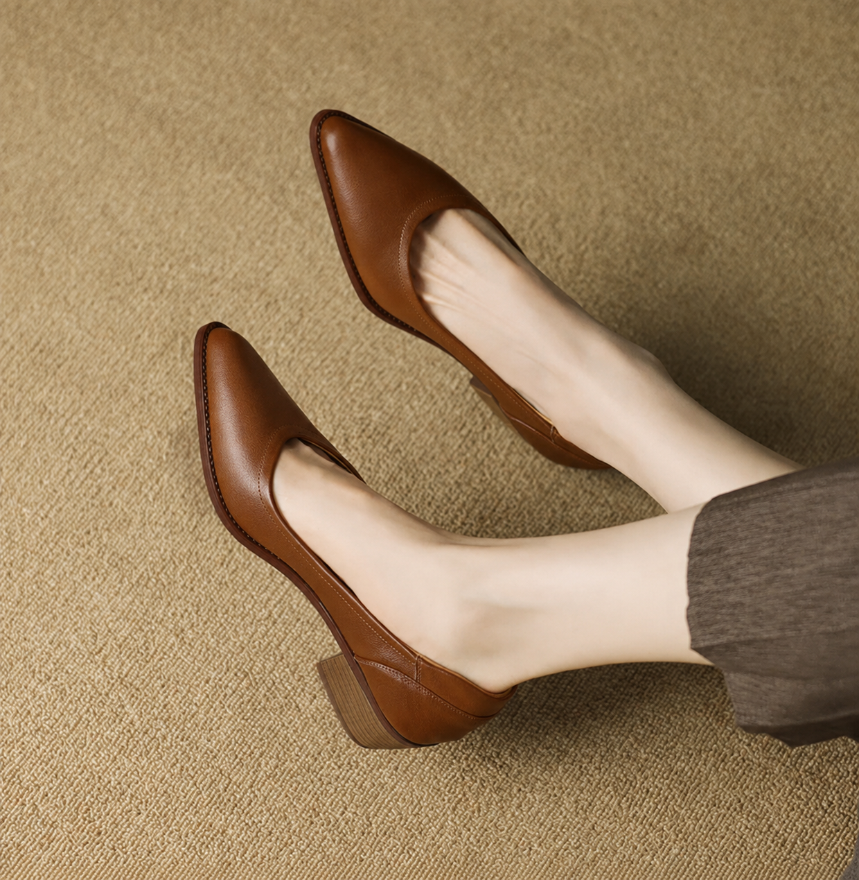 Eliane Beaufort | Beige Pointed Toe Block Heel Slip-On Pumps