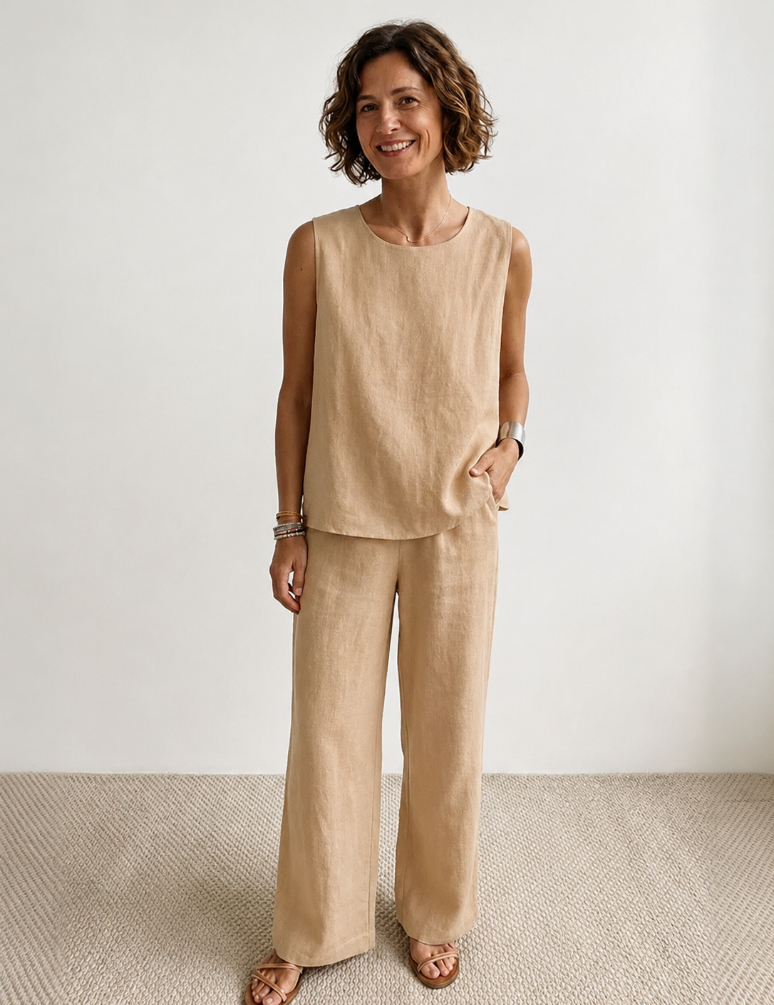 Fleurette Saintmoreau | Olive Green Linen-Look Sleeveless Tank & Wide-Leg Pants Set