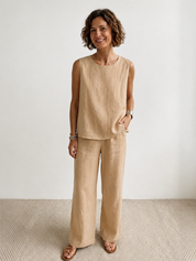 Fleurette Saintmoreau | Olive Green Linen-Look Sleeveless Tank & Wide-Leg Pants Set