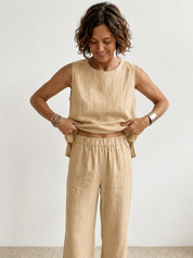 Fleurette Saintmoreau | Olive Green Linen-Look Sleeveless Tank & Wide-Leg Pants Set