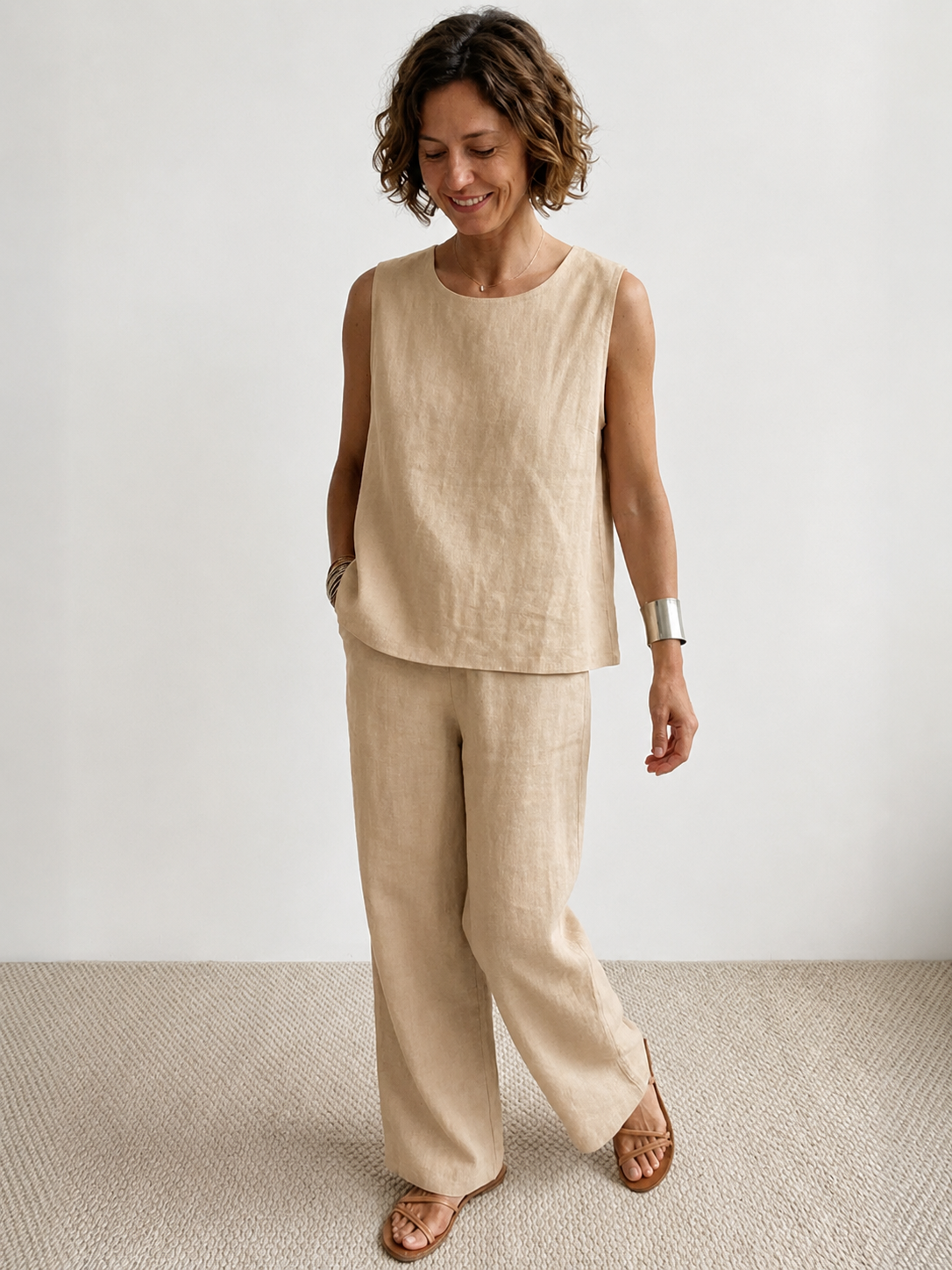 Fleurette Saintmoreau | Olive Green Linen-Look Sleeveless Tank & Wide-Leg Pants Set