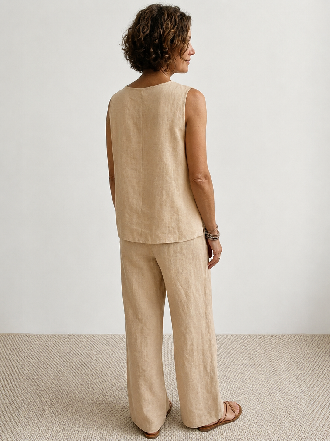 Fleurette Saintmoreau | Olive Green Linen-Look Sleeveless Tank & Wide-Leg Pants Set