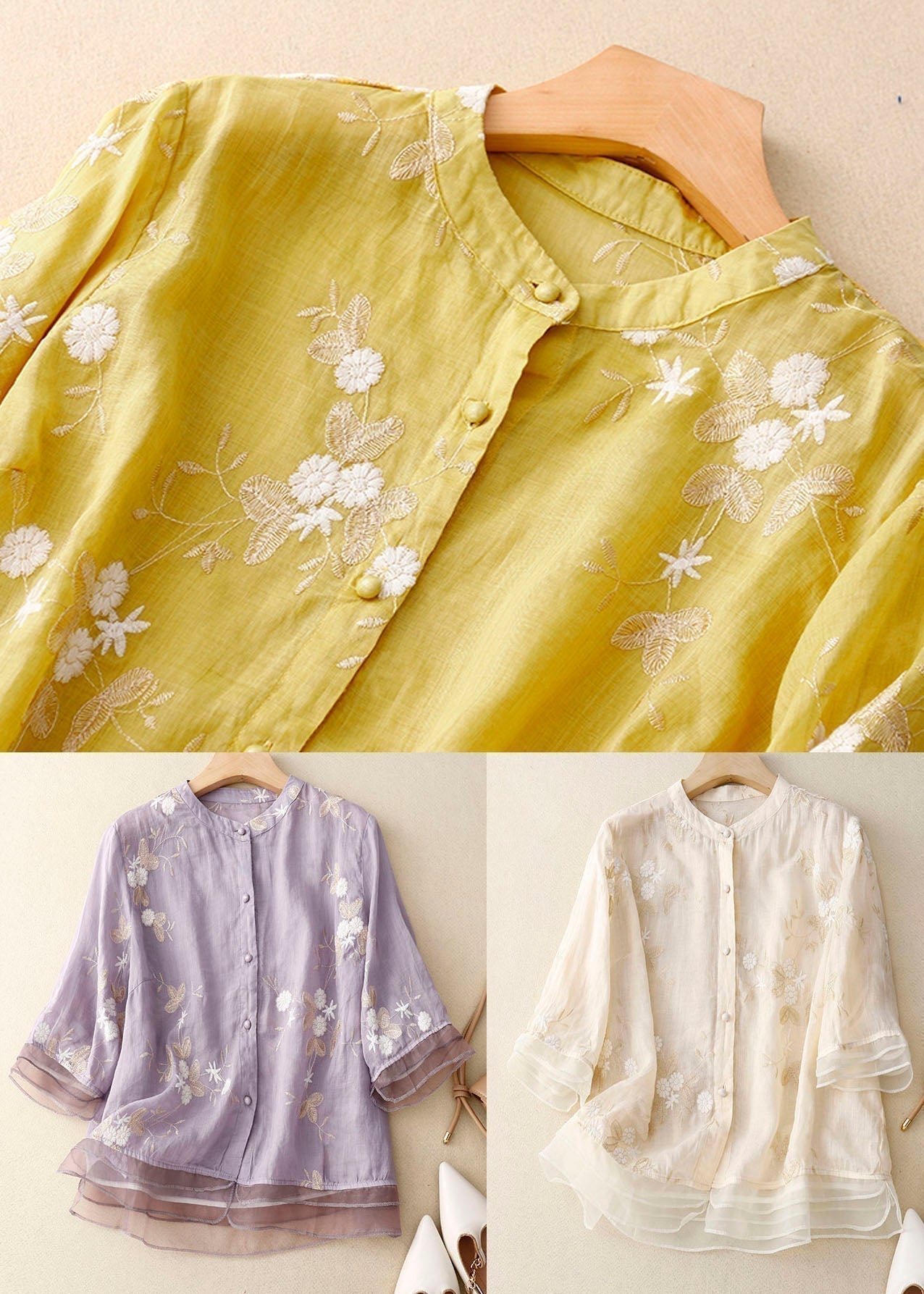 Emmeline Starcourt | Sage Green Floral Embroidered Blouse with 3/4 Sleeves