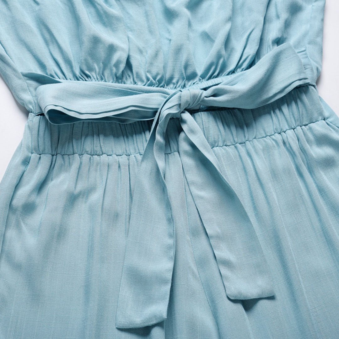 Clarisse Fontenard | Strapless Tie Waist Wide Leg Jumpsuit in Beige