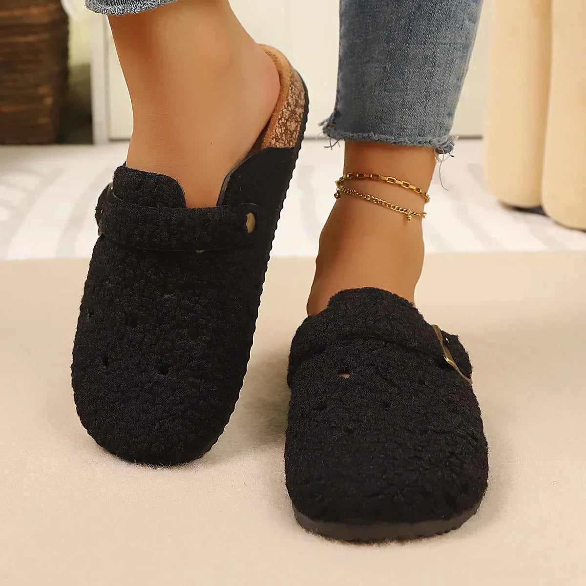 Elspeth Duvernay | Fleece Clog Slippers with Cork Sole