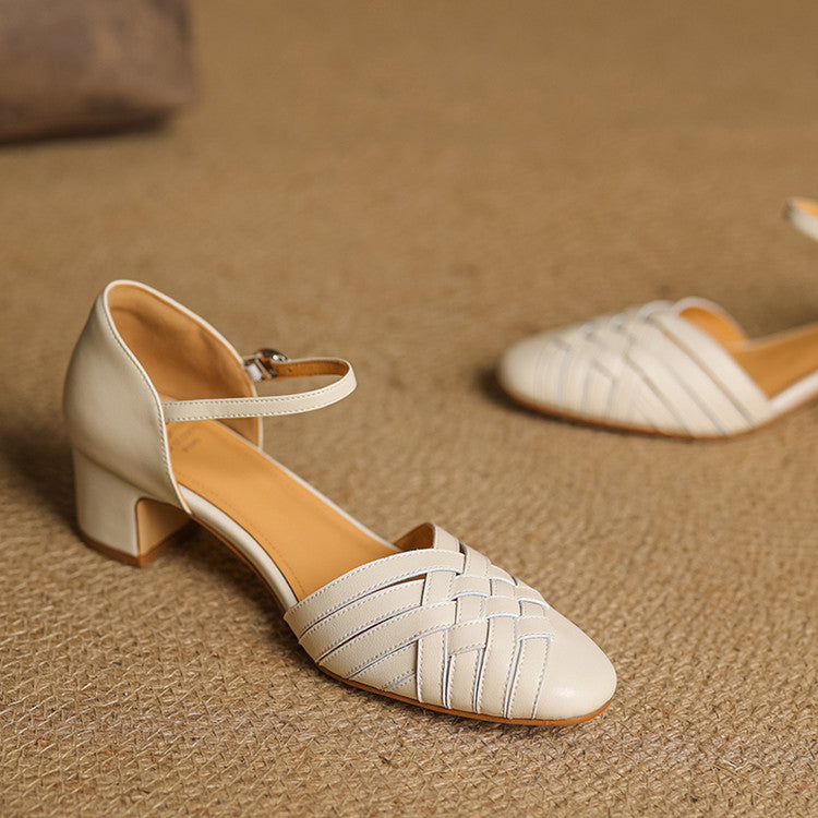 Clothilde Ravenspark | Woven Genuine Leather Block Heel Pumps