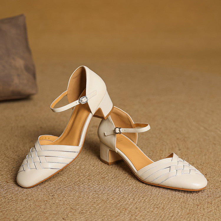 Clothilde Ravenspark | Woven Genuine Leather Block Heel Pumps