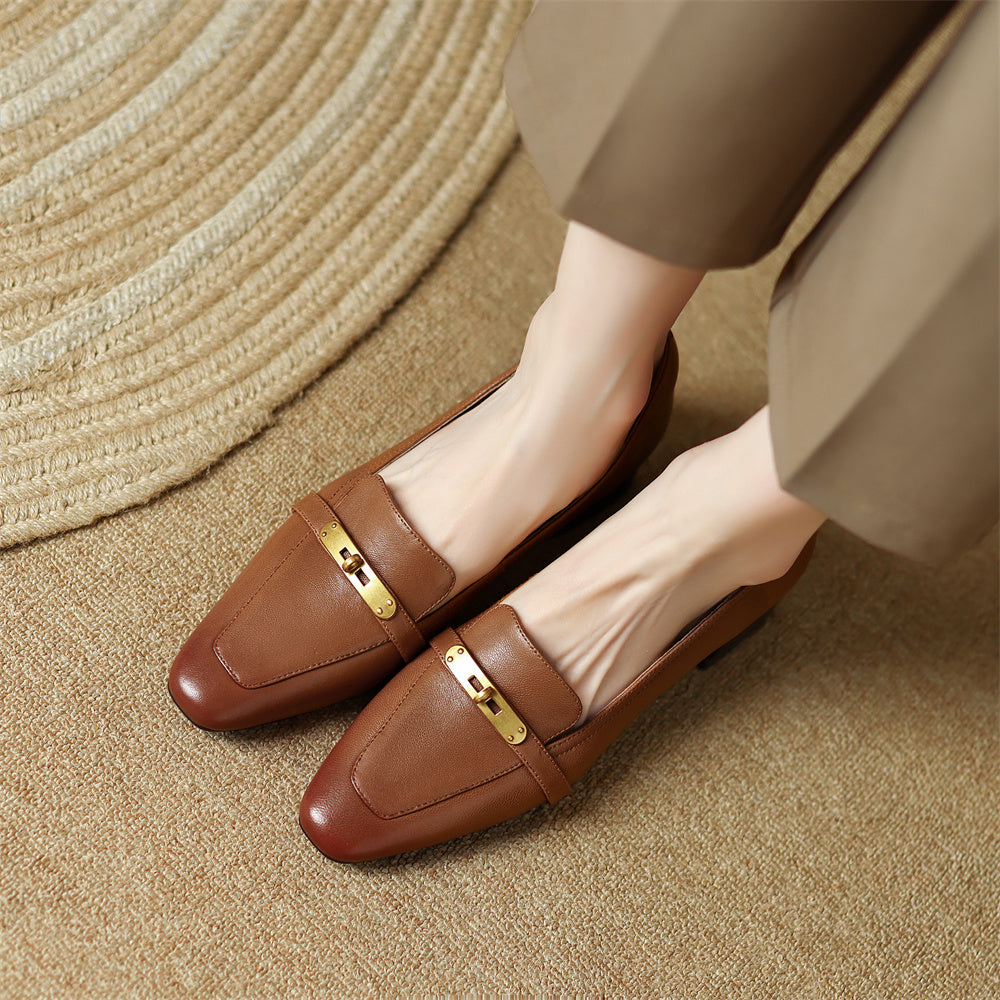 Vivienne Lacombe | Brown Genuine Leather Low Block Heel Loafers
