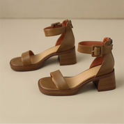 Lucienne Ashford | Cream Block Heel Ankle Strap Sandals