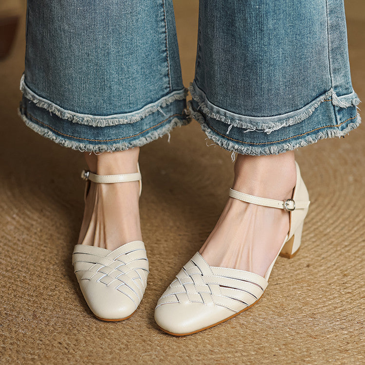 Clothilde Ravenspark | Woven Genuine Leather Block Heel Pumps