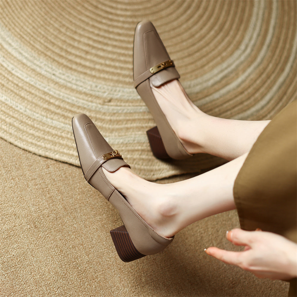Vivienne Lacombe | Brown Genuine Leather Low Block Heel Loafers