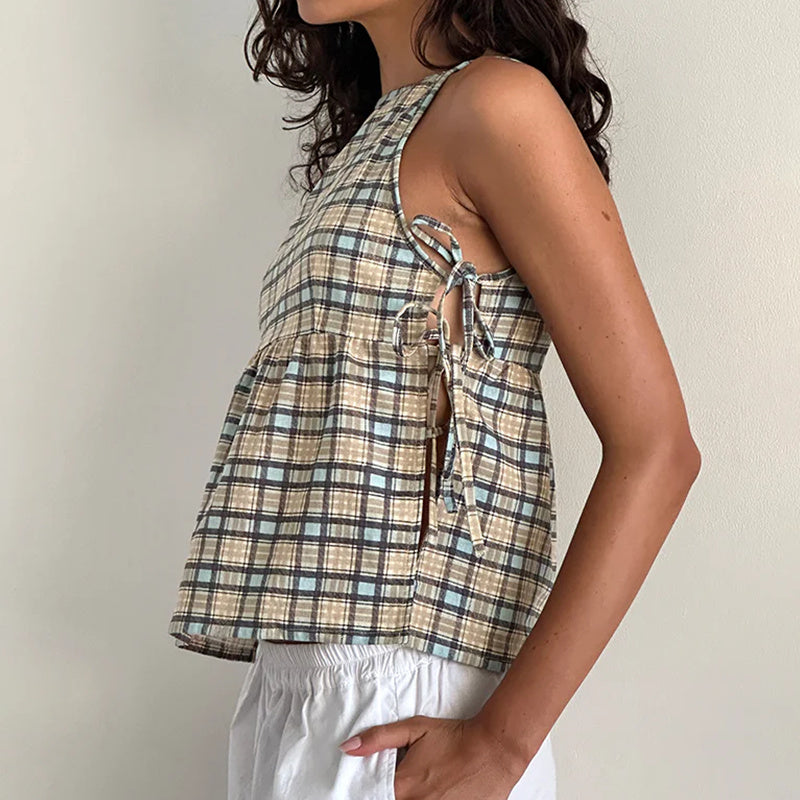 Celeste Dunmore | Plaid Sleeveless Peplum Tank Top with Bow Ties