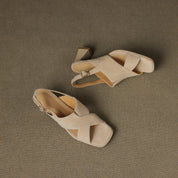 Cécile Duvernois | Suede Cross-Strap Block Heel Sandals in Beige