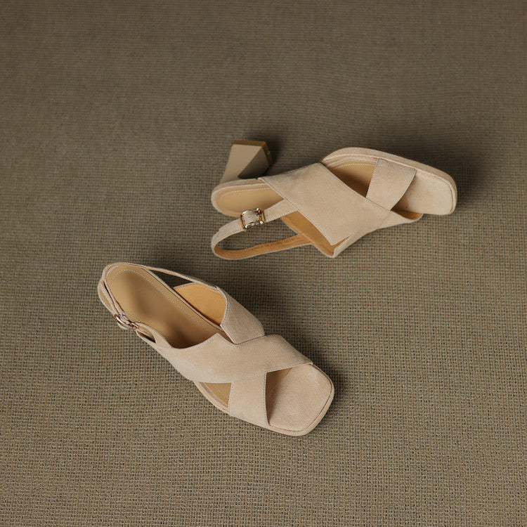 Cécile Duvernois | Suede Cross-Strap Block Heel Sandals in Beige