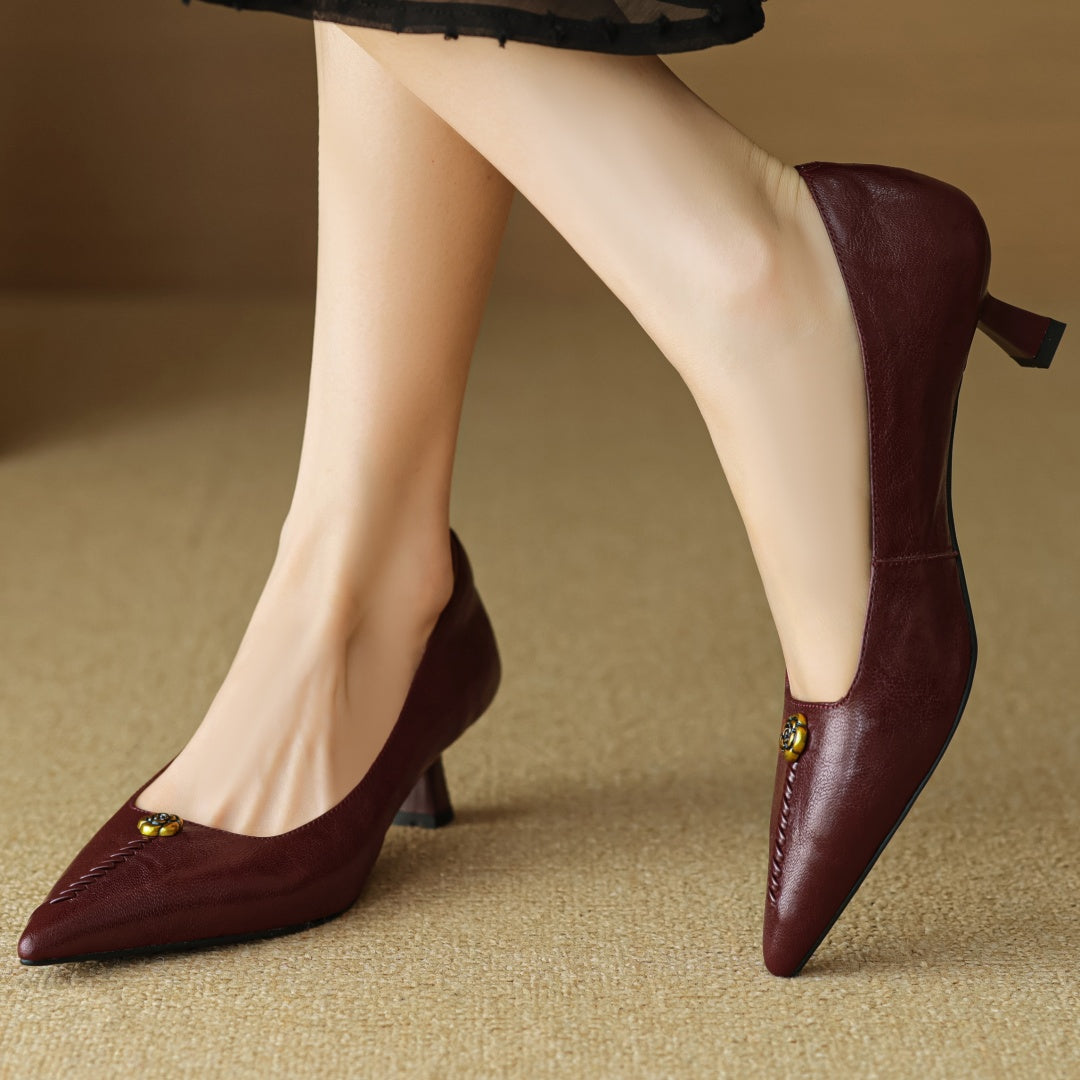 Rosanne Castellfort | Burgundy Leather Pointed-Toe Heels with Gold Rose Detail