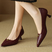 Rosanne Castellfort | Burgundy Leather Pointed-Toe Heels with Gold Rose Detail