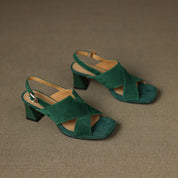Cécile Duvernois | Suede Cross-Strap Block Heel Sandals in Beige