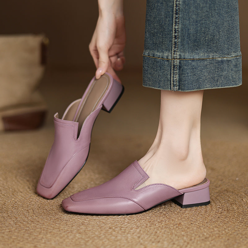 Colette Séverin | Purple Genuine Leather Square-Toe Mule Slippers