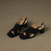Cécile Duvernois | Suede Cross-Strap Block Heel Sandals in Beige