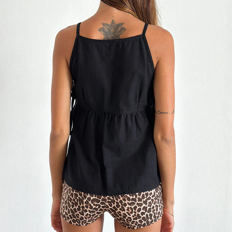 Celeste Dunmore | Plaid Sleeveless Peplum Tank Top with Bow Ties