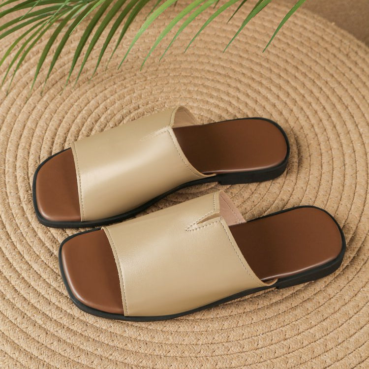 Margolaine Dubreuil | Black Faux Leather Flat Slide Sandals