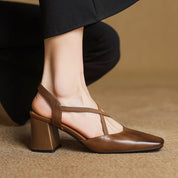 Celeste Dunmore | Tan Leather Block Heel Slingback Sandal