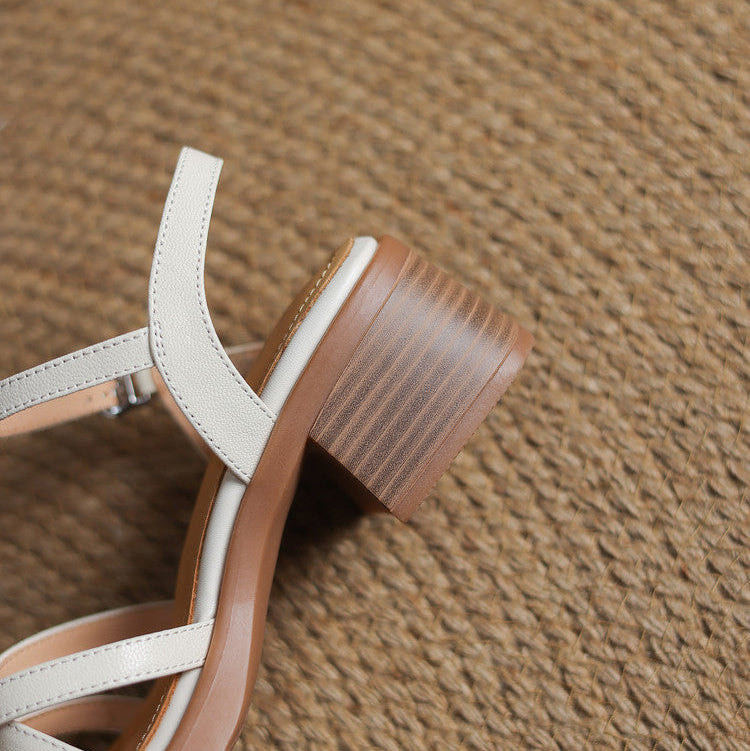 Lavinia Chesterfield | Cream Leather Strappy Block Heel Sandals