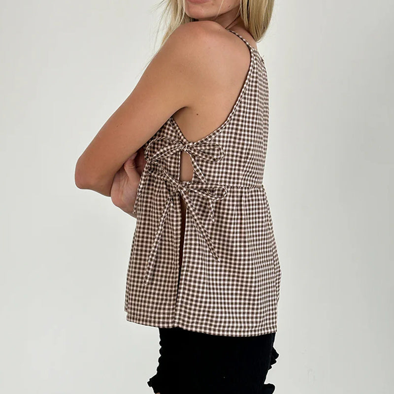 Celeste Dunmore | Plaid Sleeveless Peplum Tank Top with Bow Ties