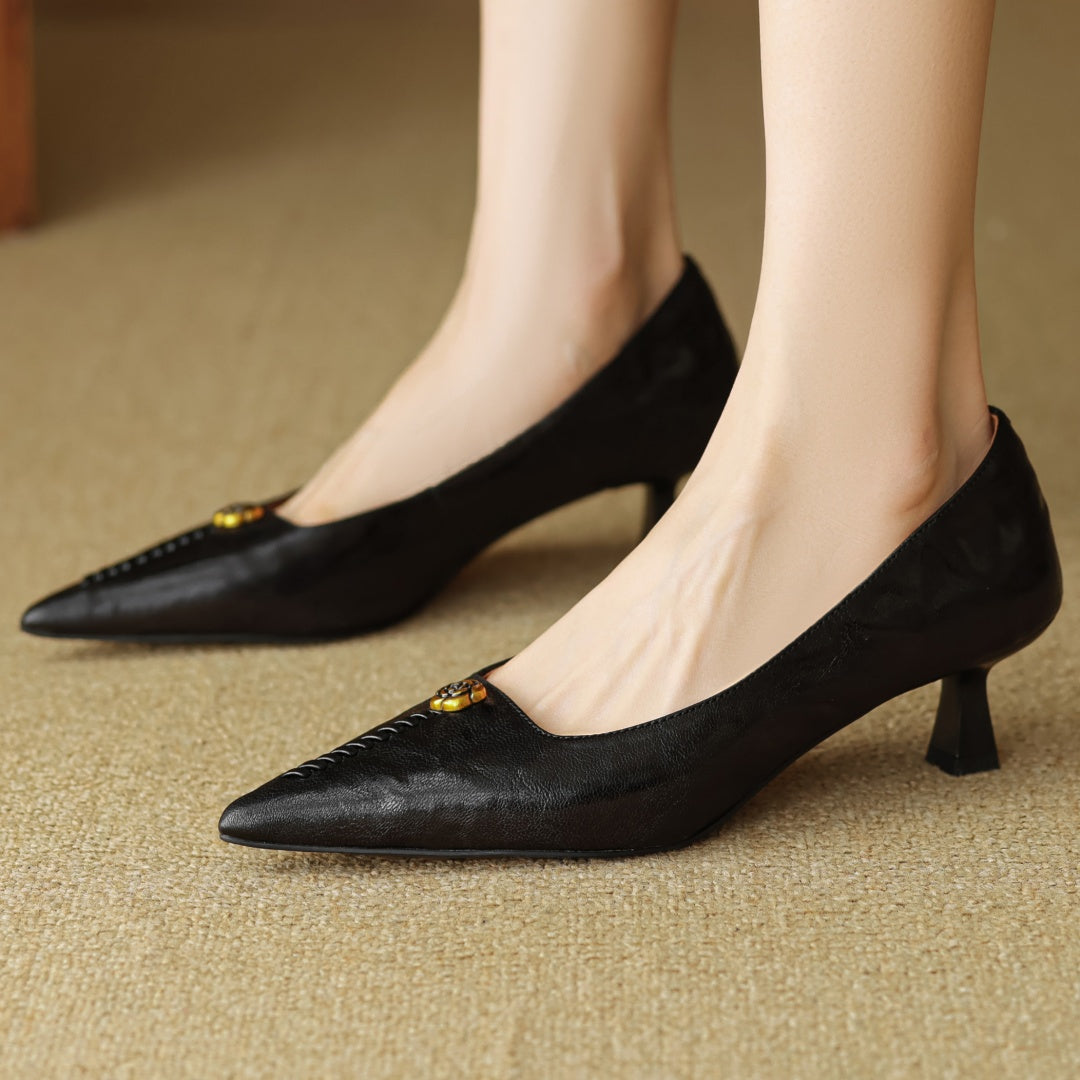Rosanne Castellfort | Burgundy Leather Pointed-Toe Heels with Gold Rose Detail