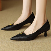 Rosanne Castellfort | Burgundy Leather Pointed-Toe Heels with Gold Rose Detail