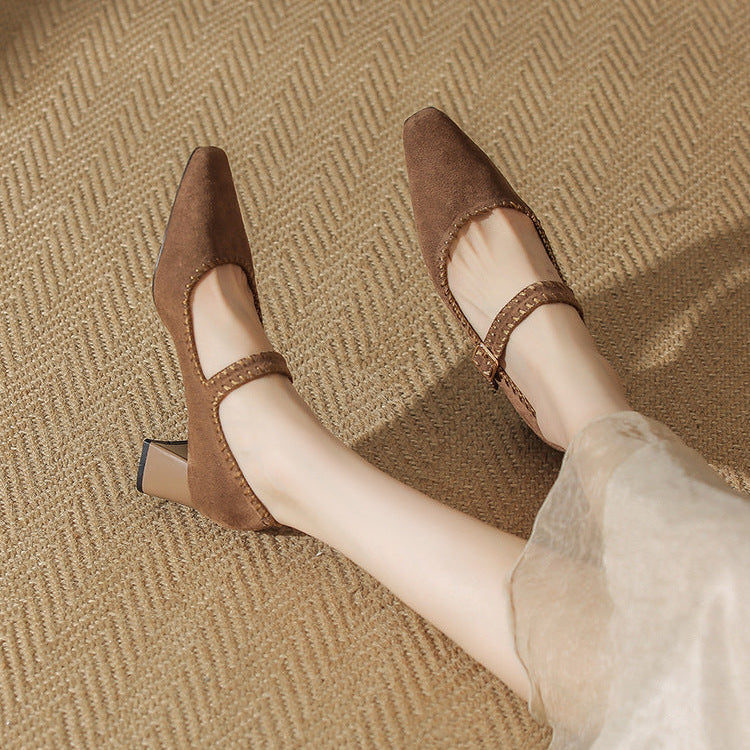 Elaine Beauchêne | Suede Mary Jane Block Heel in Brown