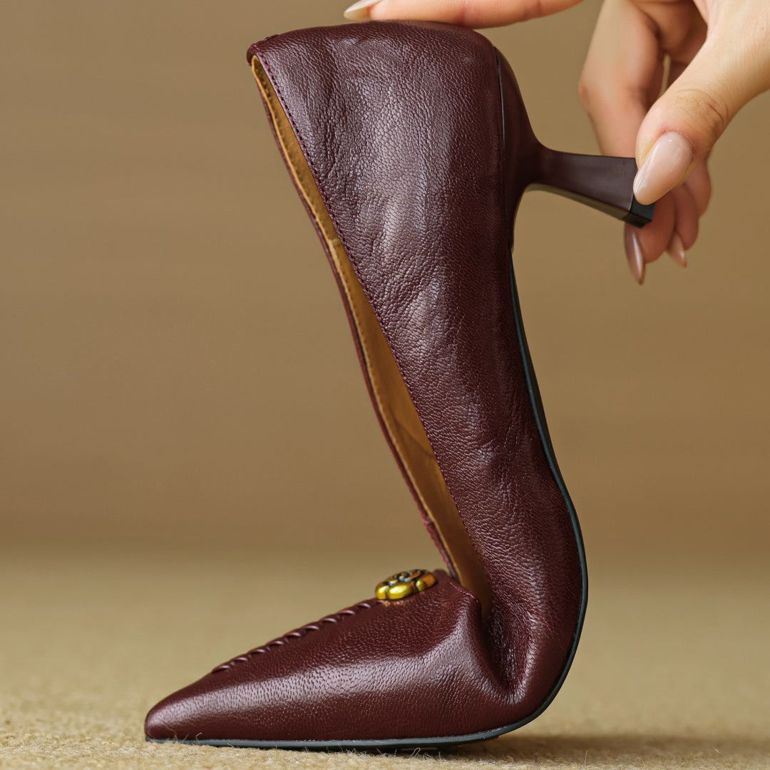 Rosanne Castellfort | Burgundy Leather Pointed-Toe Heels with Gold Rose Detail