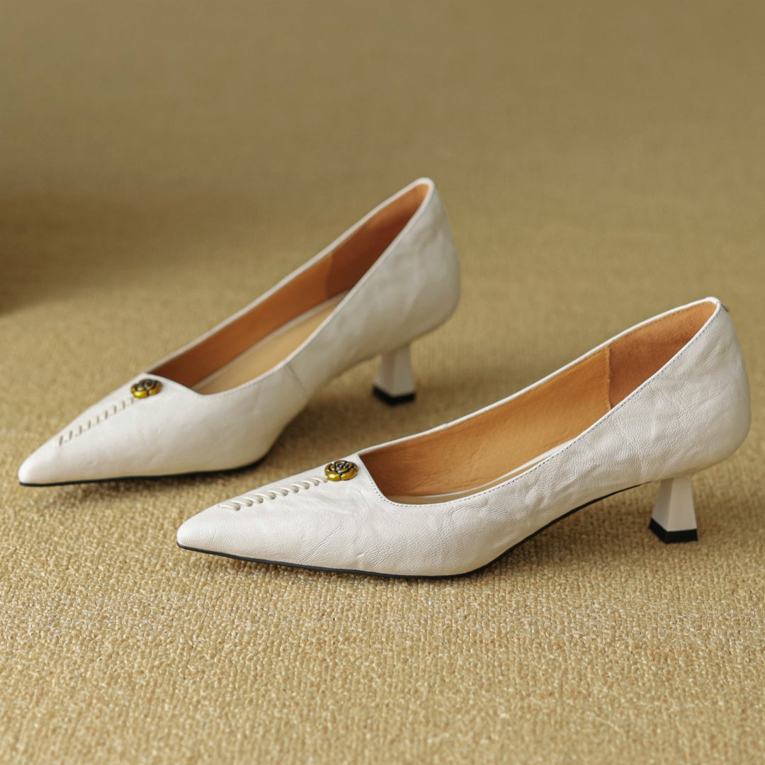 Rosanne Castellfort | Burgundy Leather Pointed-Toe Heels with Gold Rose Detail
