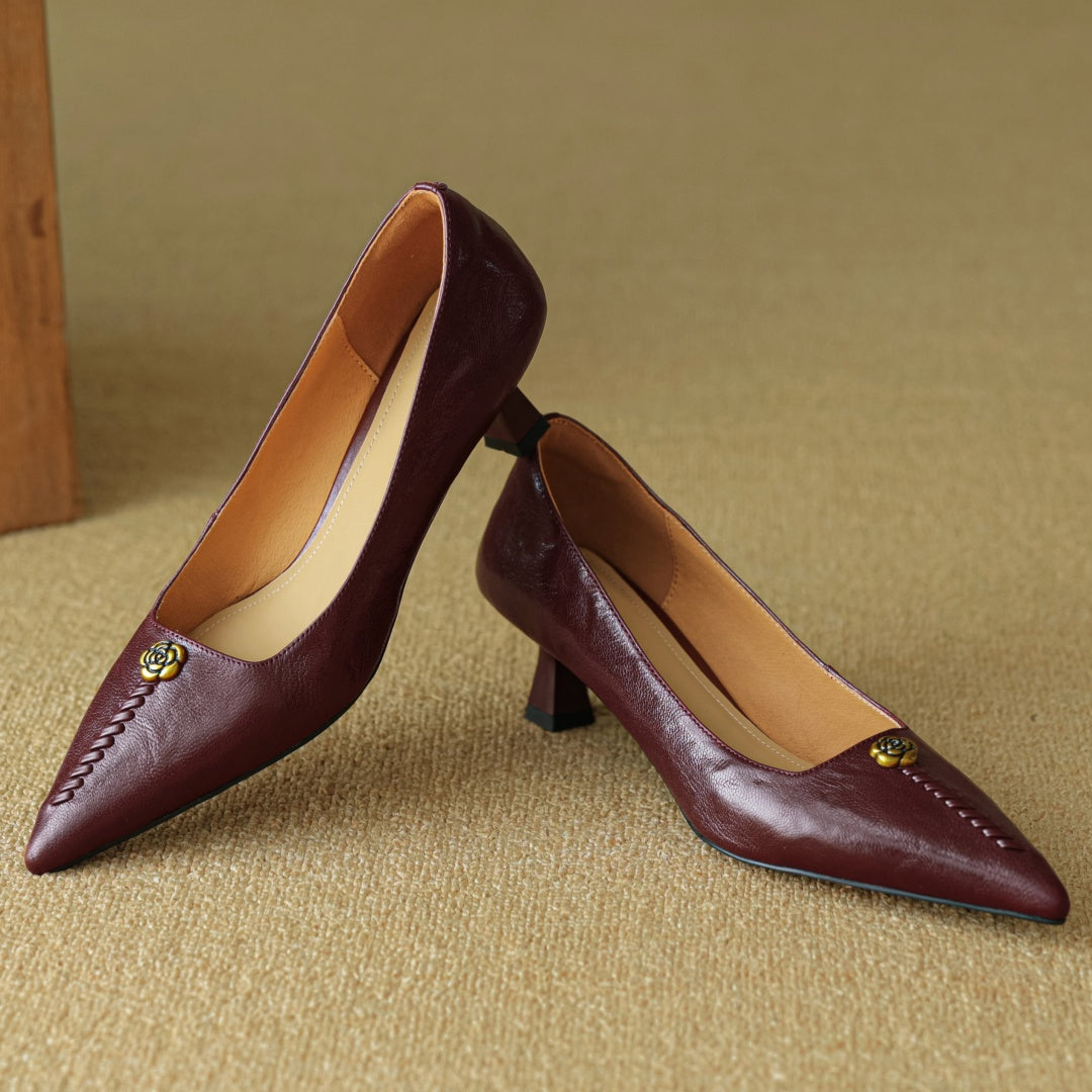 Rosanne Castellfort | Burgundy Leather Pointed-Toe Heels with Gold Rose Detail