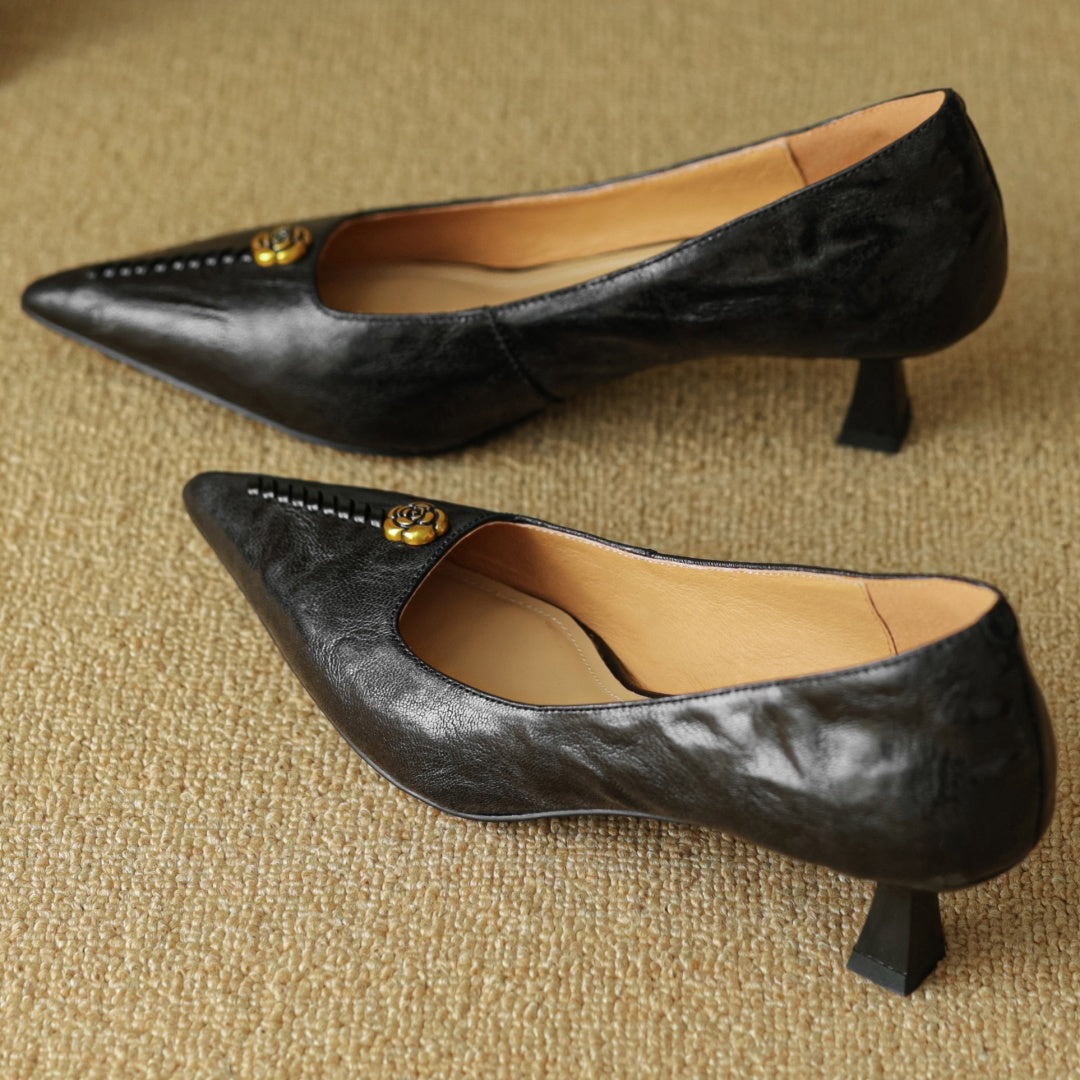 Rosanne Castellfort | Burgundy Leather Pointed-Toe Heels with Gold Rose Detail