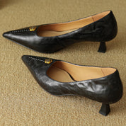 Rosanne Castellfort | Burgundy Leather Pointed-Toe Heels with Gold Rose Detail