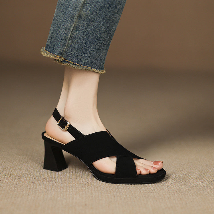 Cécile Duvernois | Suede Cross-Strap Block Heel Sandals in Beige