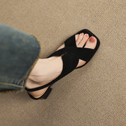 Cécile Duvernois | Suede Cross-Strap Block Heel Sandals in Beige