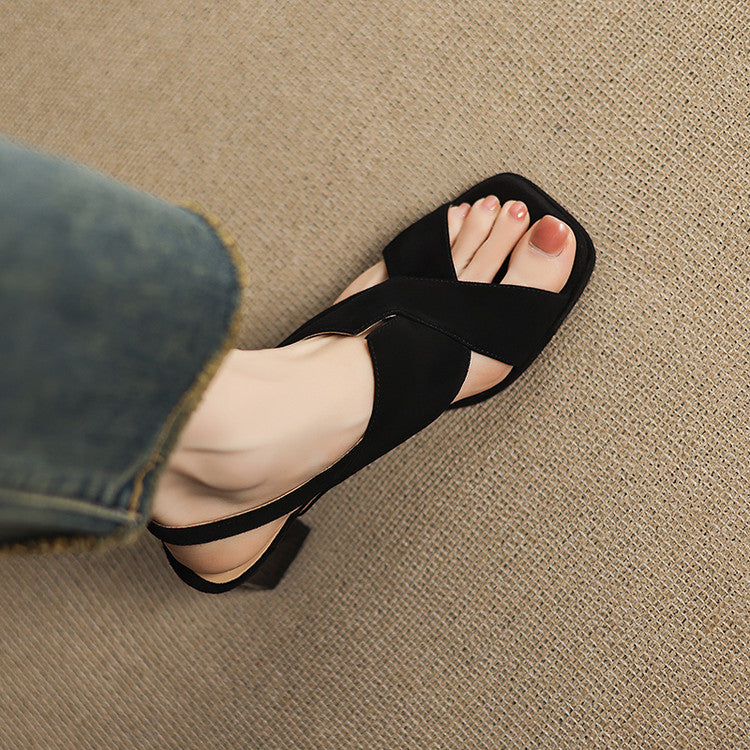 Cécile Duvernois | Suede Cross-Strap Block Heel Sandals in Beige