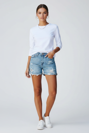 Lucette Fairbourne | High-Rise Distressed Denim Shorts in Light Blue
