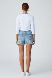 Lucette Fairbourne | High-Rise Distressed Denim Shorts in Light Blue