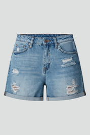 Lucette Fairbourne | High-Rise Distressed Denim Shorts in Light Blue
