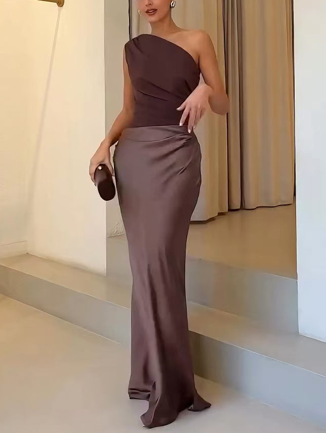 Arabella Wyndmere | Brown One-Shoulder Pleated Satin Maxi Dress