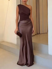 Arabella Wyndmere | Brown One-Shoulder Pleated Satin Maxi Dress