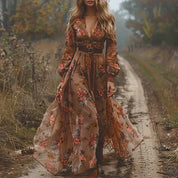 Celeste Ravensmere | Bohemian Floral Embroidered Maxi Dress in Forest Green