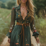 Celeste Ravensmere | Bohemian Floral Embroidered Maxi Dress in Forest Green