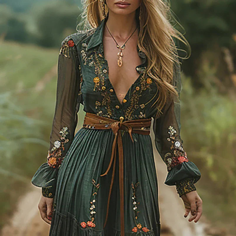 Celeste Ravensmere | Bohemian Floral Embroidered Maxi Dress in Forest Green