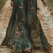 Celeste Ravensmere | Bohemian Floral Embroidered Maxi Dress in Forest Green