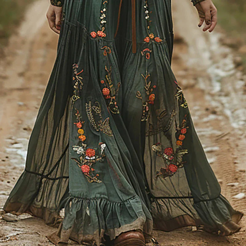 Celeste Ravensmere | Bohemian Floral Embroidered Maxi Dress in Forest Green