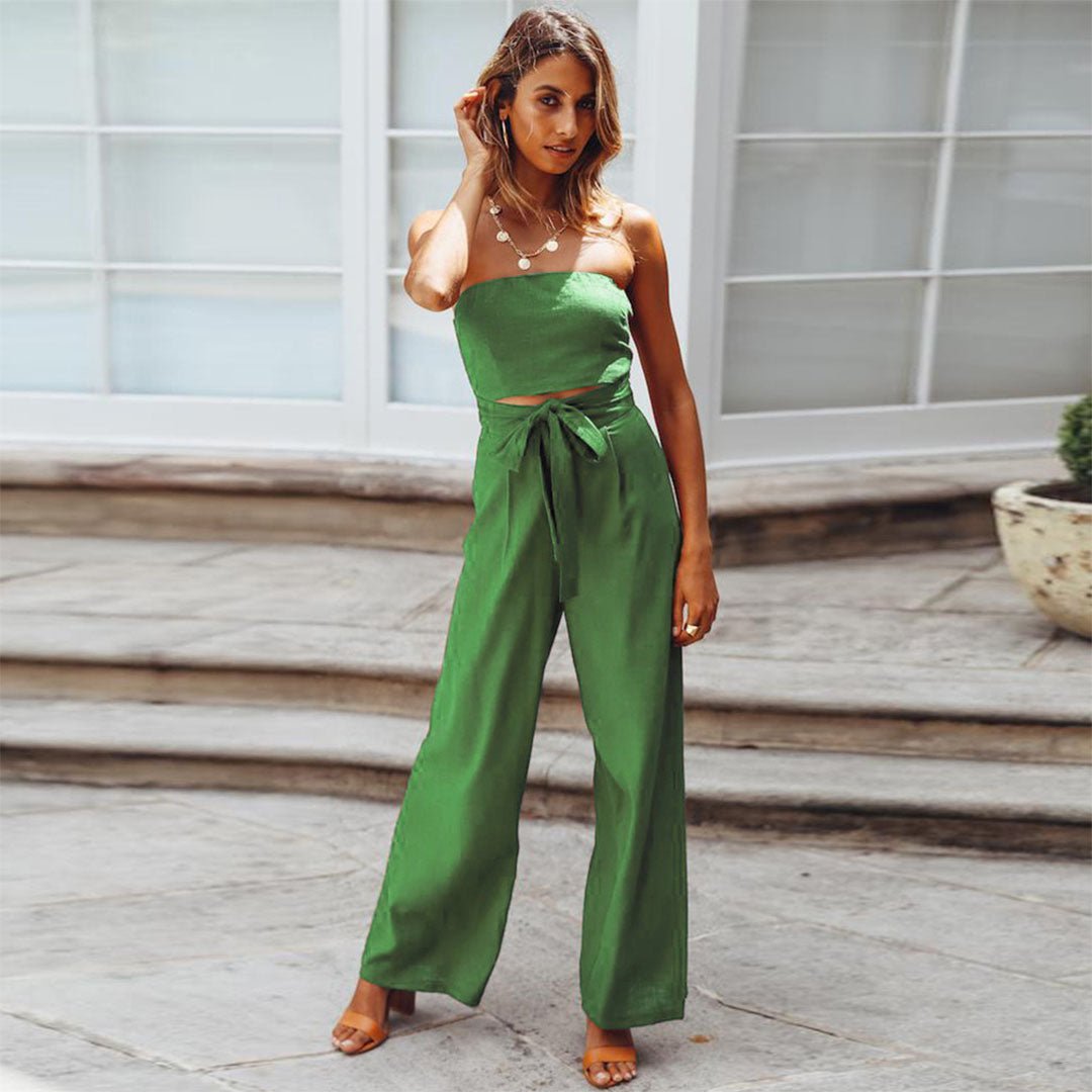 Clarisse Fontenard | Strapless Tie Waist Wide Leg Jumpsuit in Beige